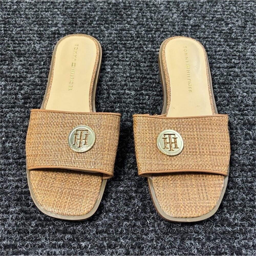 Tommy Hilfiger Women's Brown Woven Logo Strap Slide Sandals Open Toe US 7 M